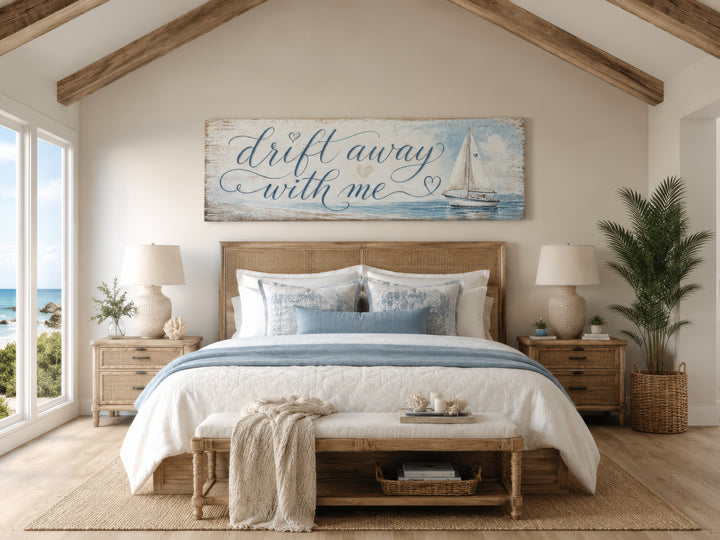 Coastal bedroom sign with sailboat on light blue canvas wall art above a bed in a nautical room.