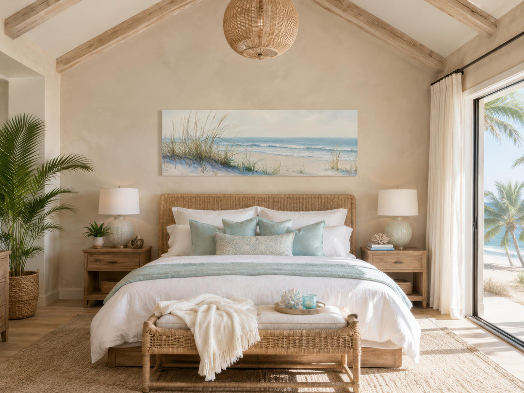 Coastal bedroom with a wide horizontal canvas print of sandy beach dunes and ocean above the bed.