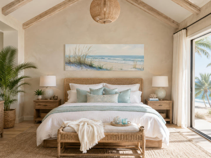 Coastal bedroom with a wide horizontal canvas print of sandy beach dunes and ocean above the bed.