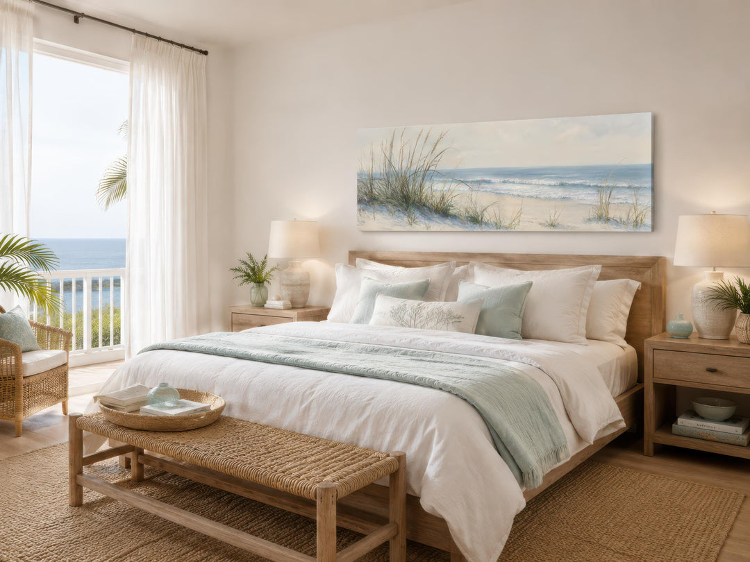 Coastal bedroom featuring a wide horizontal canvas print of sandy beach dunes and sea grass.