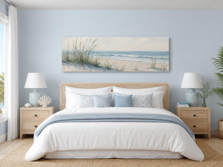 Horizontal canvas print of sun-warmed sand dunes with swaying sea grass and a calm blue-green ocean.