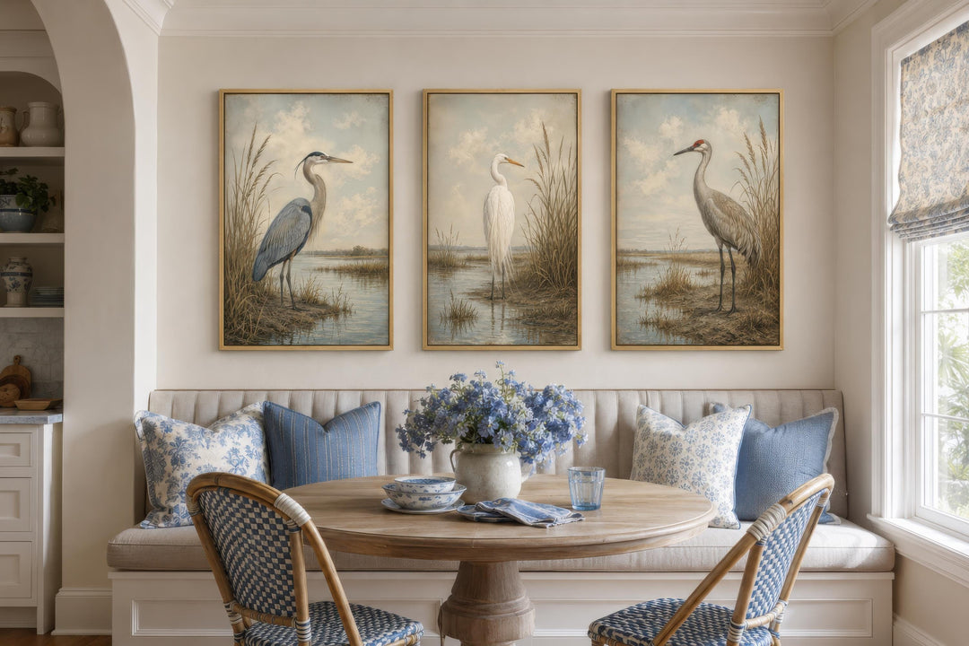 Set of three vintage-style canvas prints featuring a heron, egret, and crane in a marsh setting.
