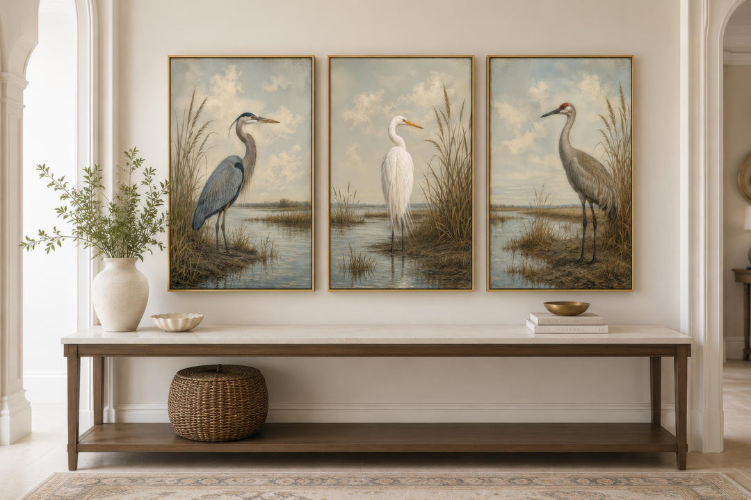 Triptych of vintage-style bird canvas prints featuring a heron, egret, and crane in a marsh setting.