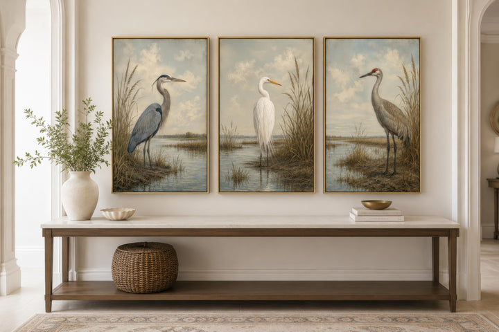 Triptych of vintage-style bird canvas prints featuring a heron, egret, and crane in a marsh setting.