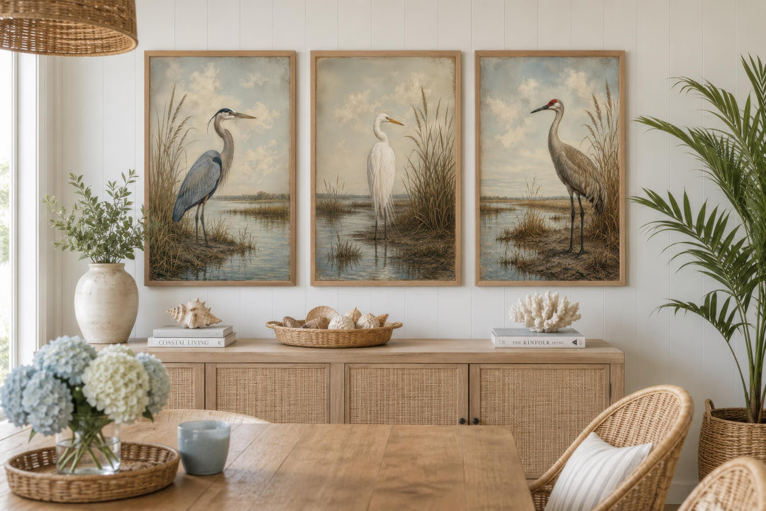 Set of three vintage-style coastal bird canvas prints featuring a heron, egret, and crane in a marsh.