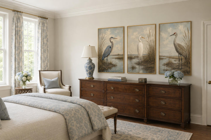 Set of three vintage-style canvas prints featuring a heron, egret, and crane in a marsh setting.