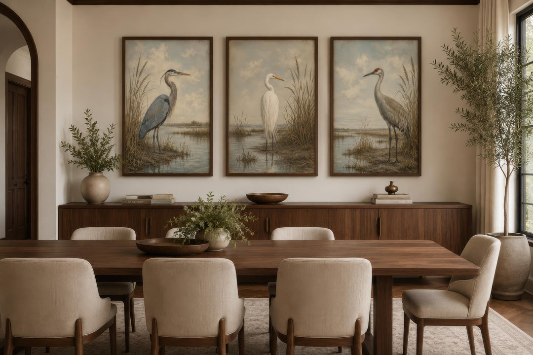 Set of three vertical canvas prints featuring a heron, egret, and crane in a vintage marsh style.
