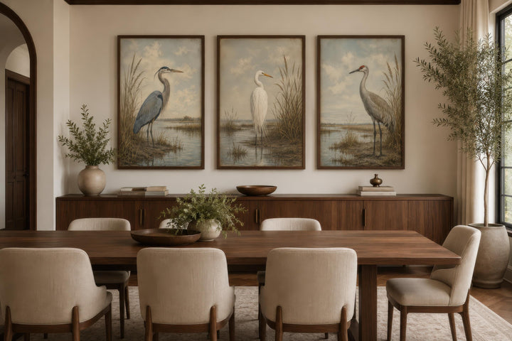 Set of three vertical canvas prints featuring a heron, egret, and crane in a vintage marsh style.