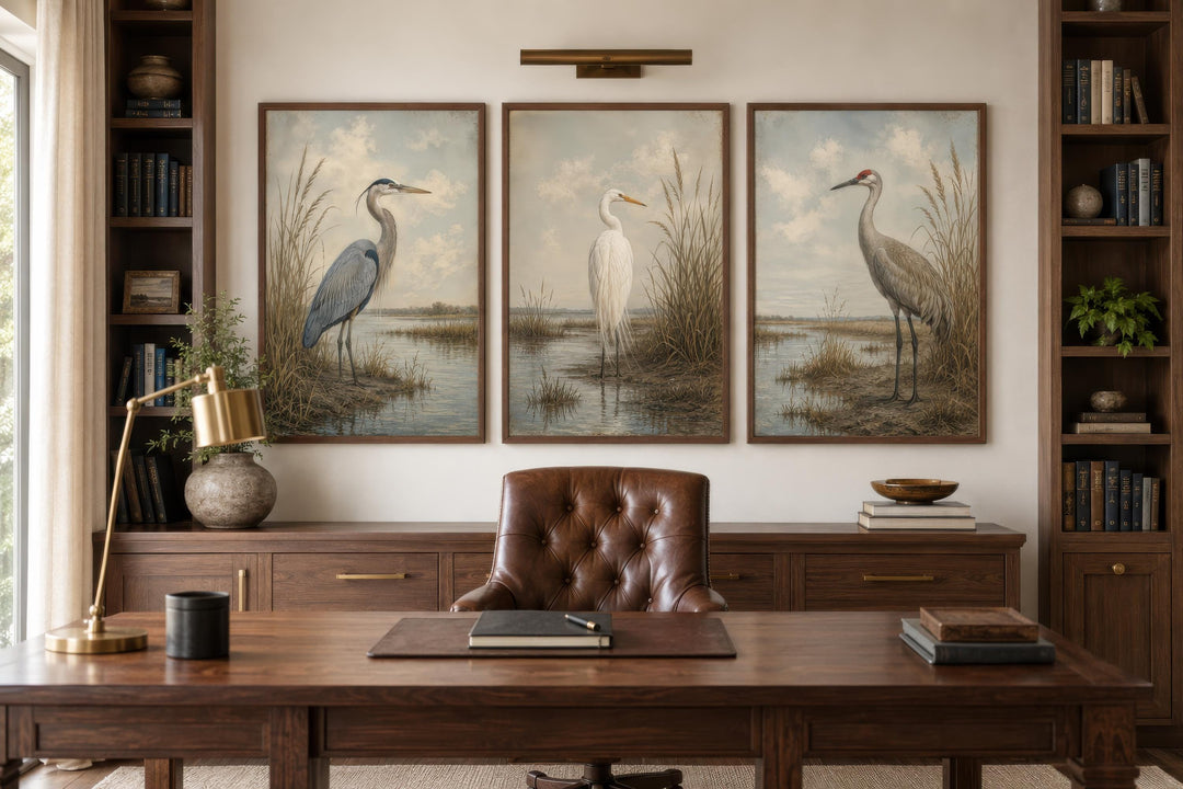 Set of three vintage-style canvas prints featuring a heron, egret, and crane in a marsh setting.