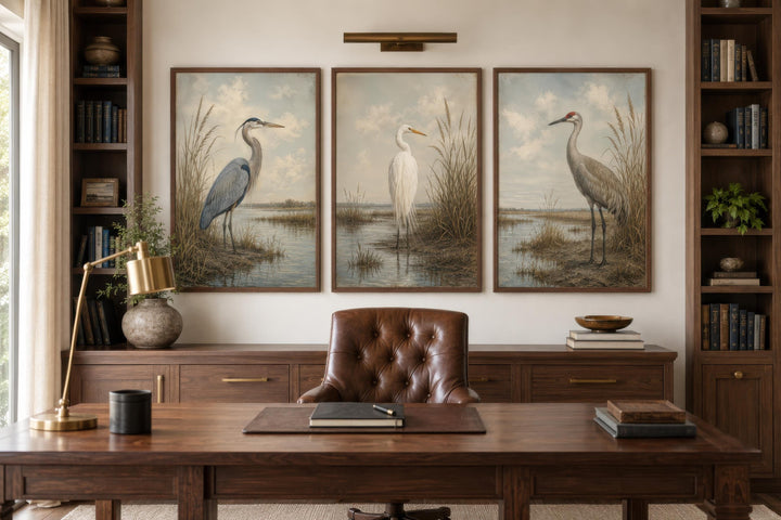 Set of three vintage-style canvas prints featuring a heron, egret, and crane in a marsh setting.