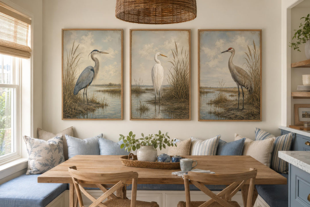 Set of three vintage-style vertical canvas prints featuring a heron, egret, and crane in a marsh.