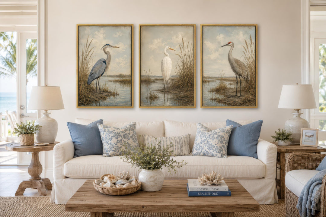 Three vertical canvas prints of a heron, egret, and crane in a marsh, hung above a white sofa.