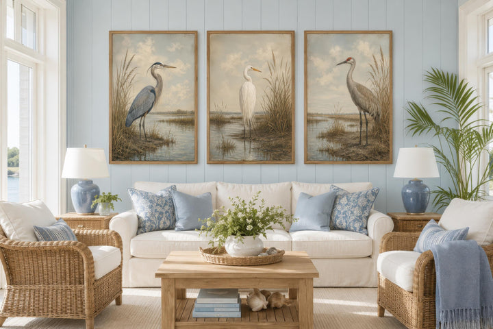 Set of three vintage-style canvas prints featuring a heron, egret, and crane in a marsh setting.