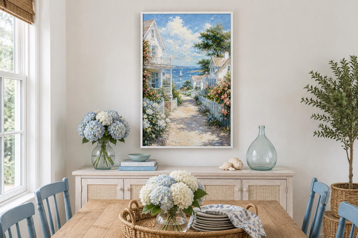 Vertical canvas print of a coastal cottage painting with a path leading to the sea.