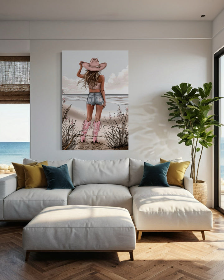 Coastal Cowgirl In Pink Boots And Hat On The Beach Framed Canvas Wall Art