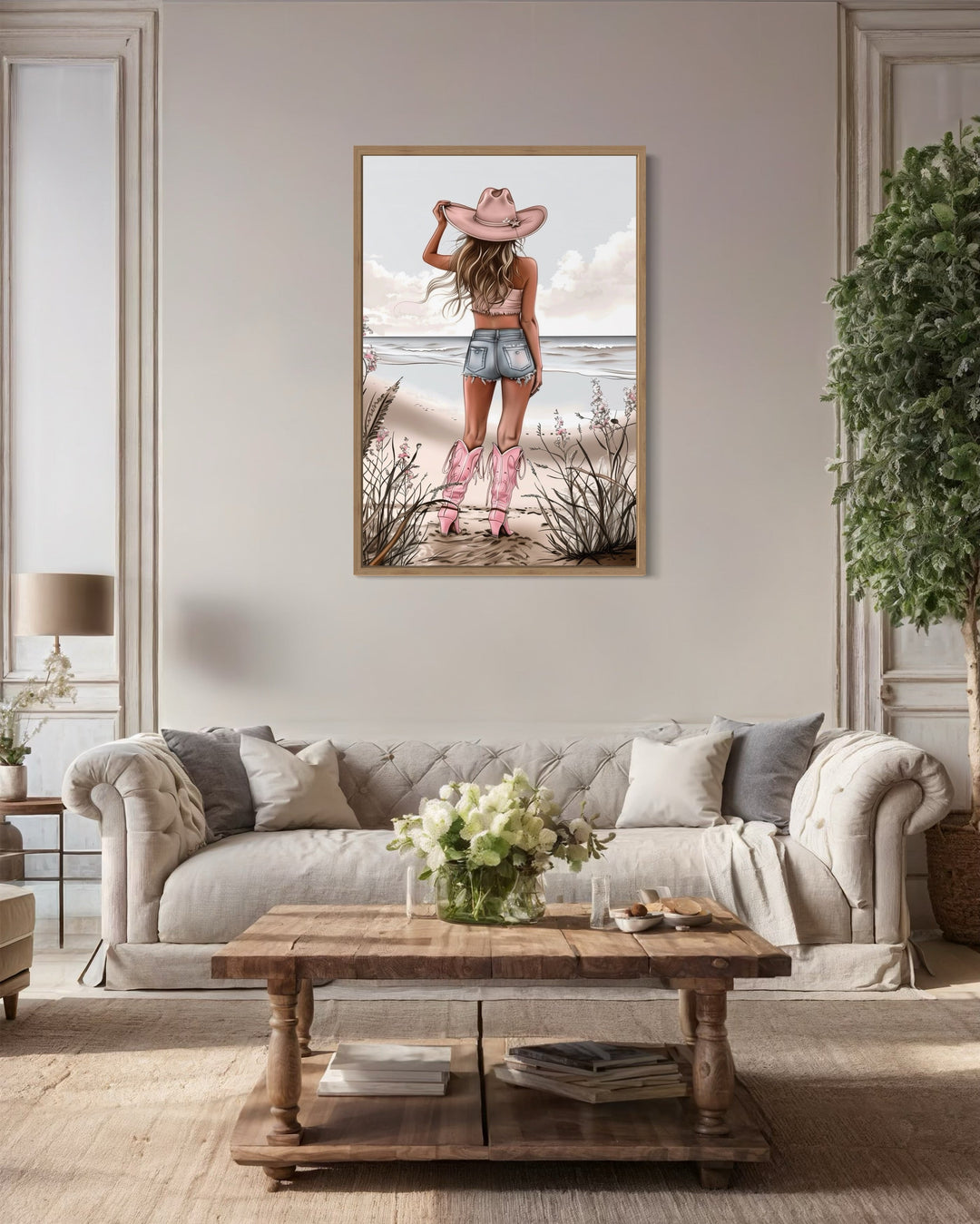 Coastal Cowgirl In Pink Boots And Hat On The Beach Framed Canvas Wall Art