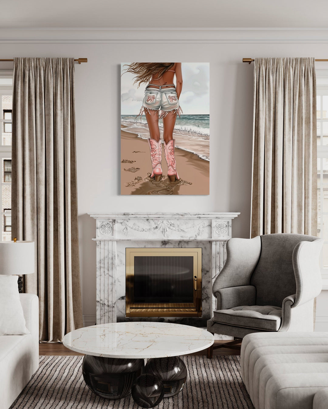 Coastal Cowgirl In Pink Boots And Jean Shorts On the Beach Wall Art