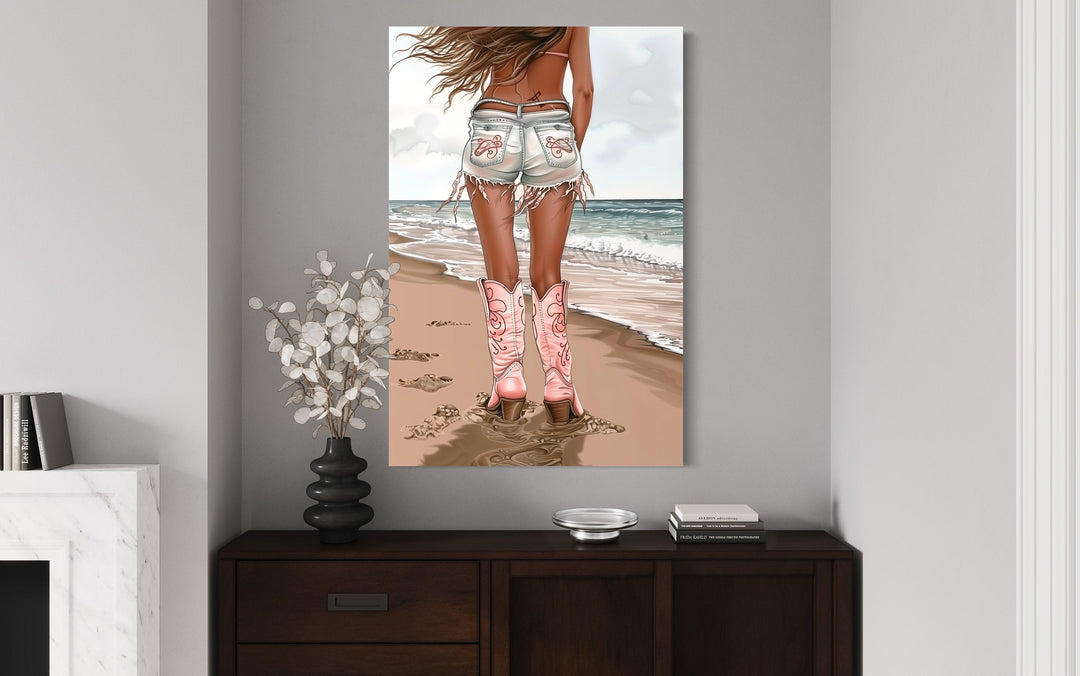 Coastal Cowgirl In Pink Boots And Jean Shorts On the Beach Wall Art