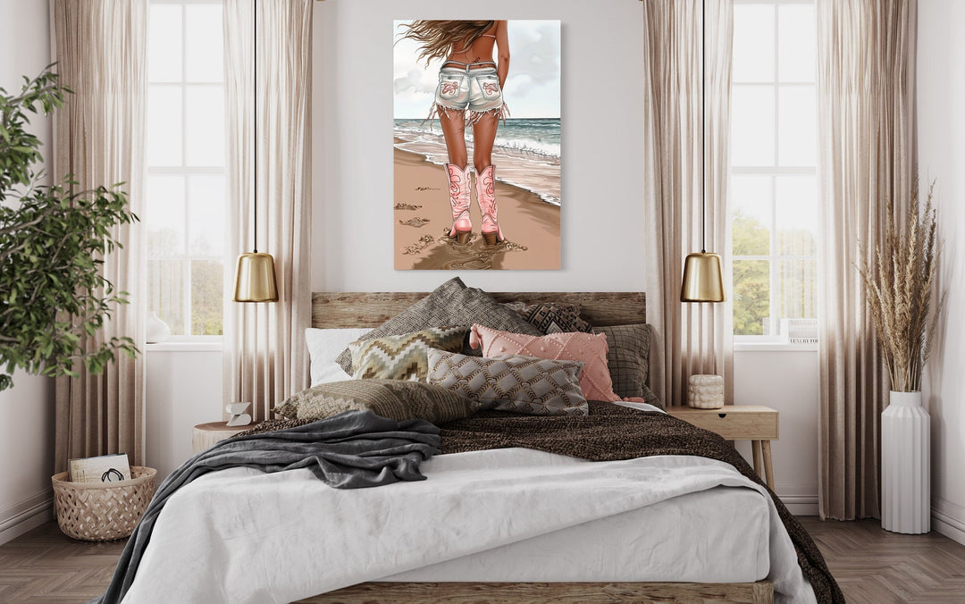 Coastal Cowgirl In Pink Boots And Jean Shorts On the Beach Wall Art