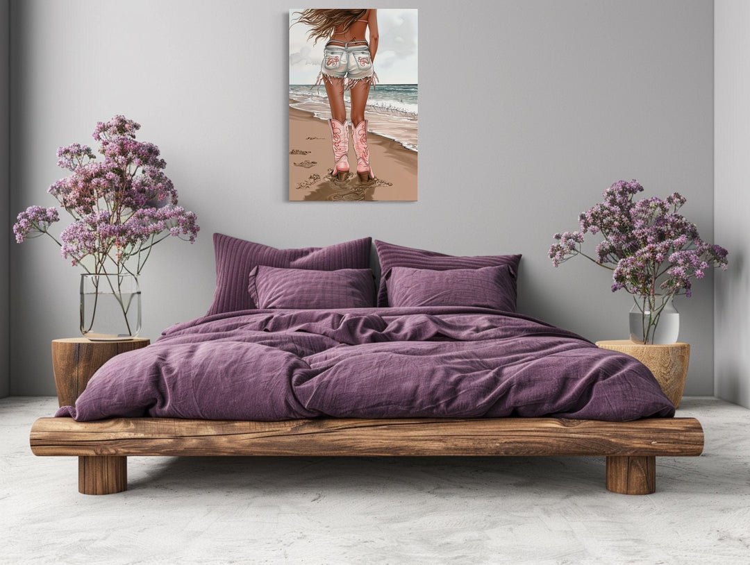 Coastal Cowgirl In Pink Boots And Jean Shorts On the Beach Wall Art