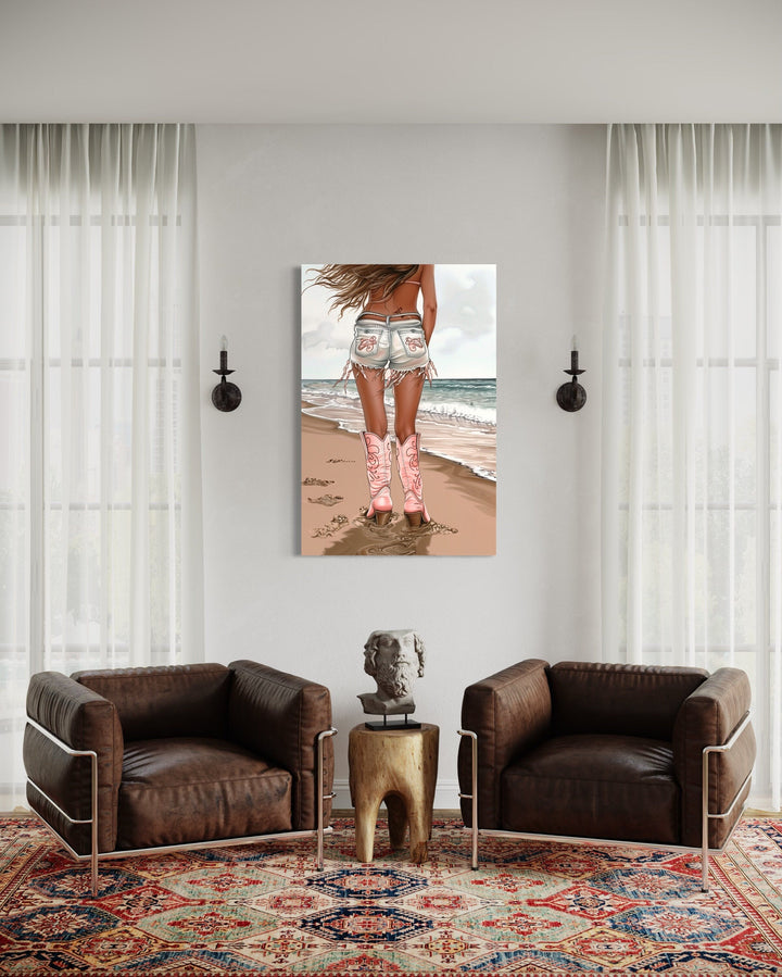 Coastal Cowgirl In Pink Boots And Jean Shorts On the Beach Wall Art