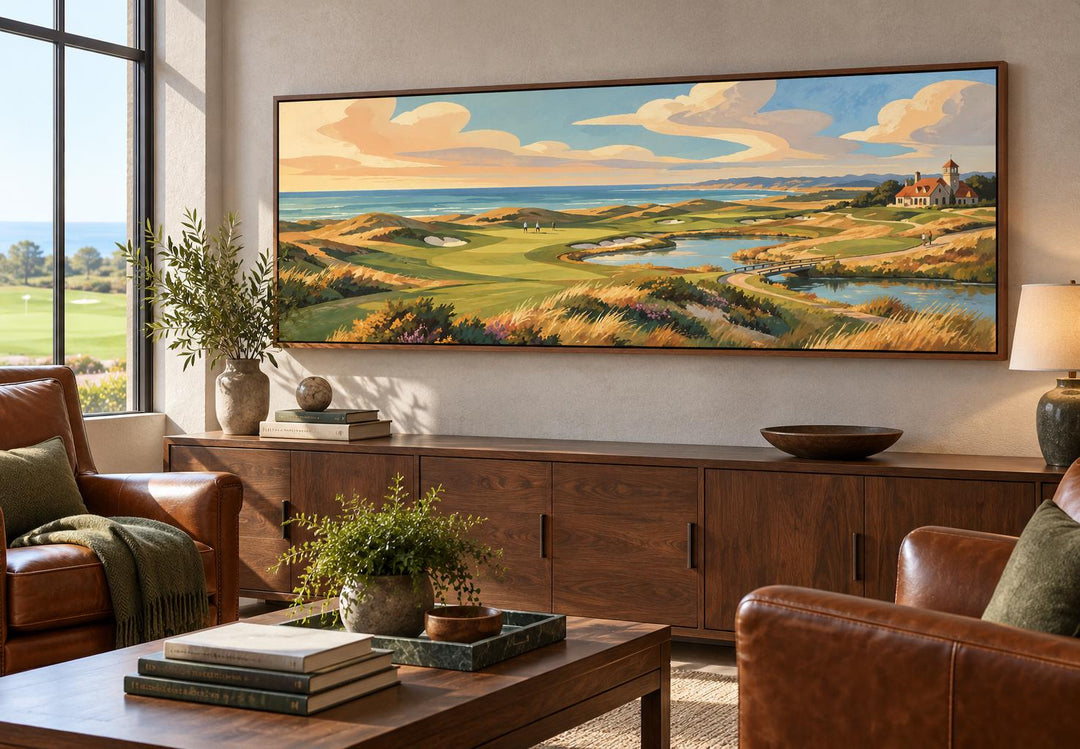 Coastal Golf Course Retro Style Long Horizontal Canvas Wall Art