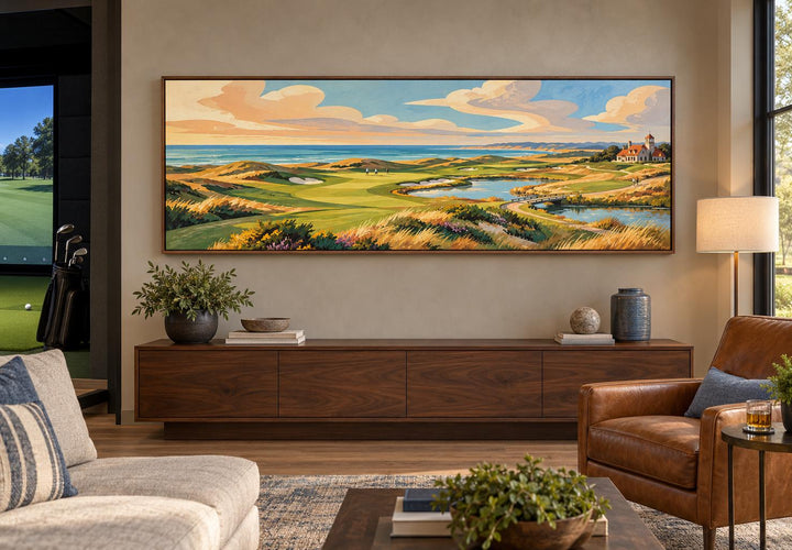 Coastal Golf Course Retro Style Long Horizontal Canvas Wall Art