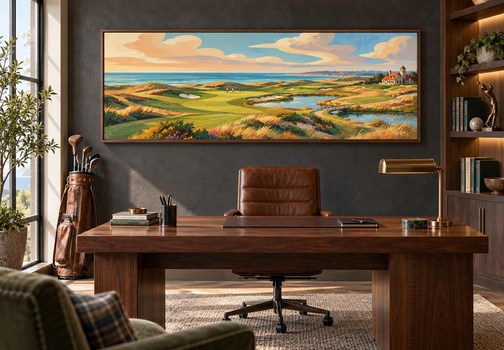 Coastal Golf Course Retro Style Long Horizontal Canvas Wall Art