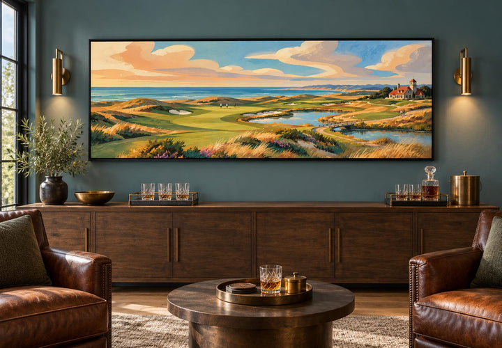Coastal Golf Course Retro Style Long Horizontal Canvas Wall Art