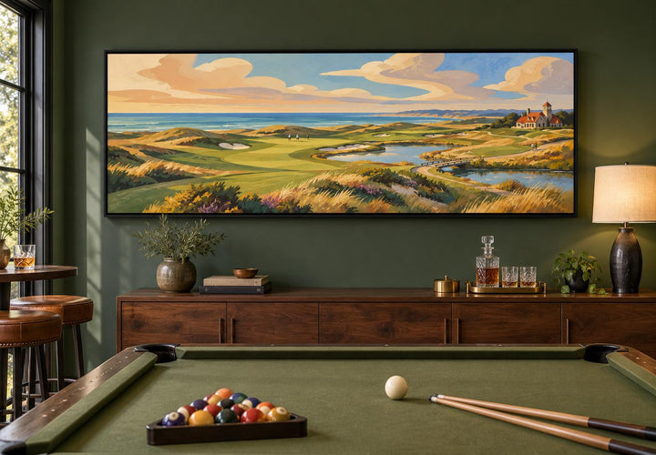 Coastal Golf Course Retro Style Long Horizontal Canvas Wall Art