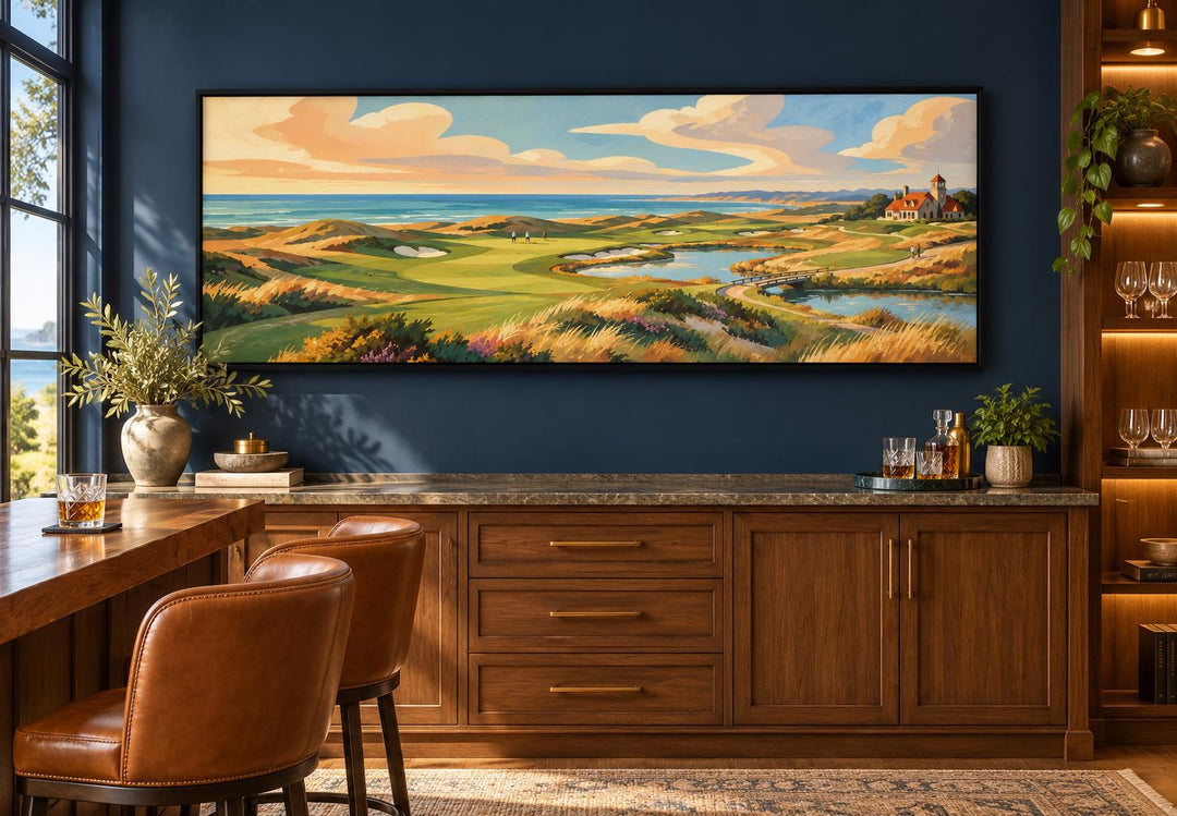 Coastal Golf Course Retro Style Long Horizontal Canvas Wall Art