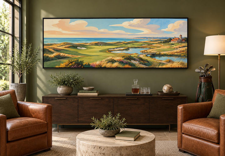 Coastal Golf Course Retro Style Long Horizontal Canvas Wall Art