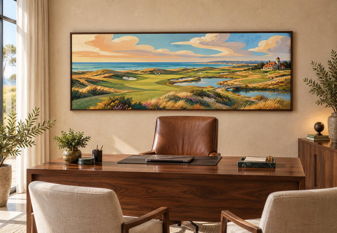 Coastal Golf Course Retro Style Long Horizontal Canvas Wall Art