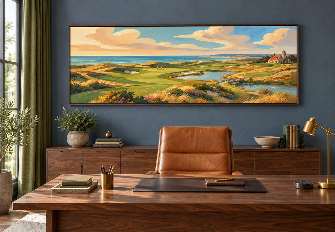 Coastal Golf Course Retro Style Long Horizontal Canvas Wall Art
