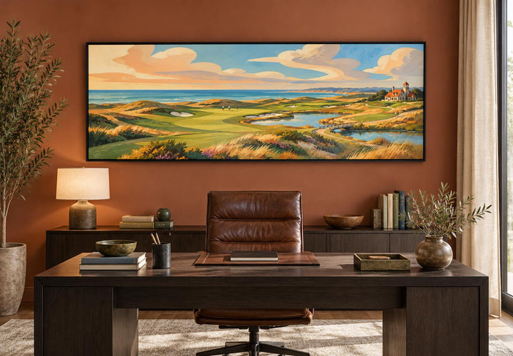 Coastal Golf Course Retro Style Long Horizontal Canvas Wall Art