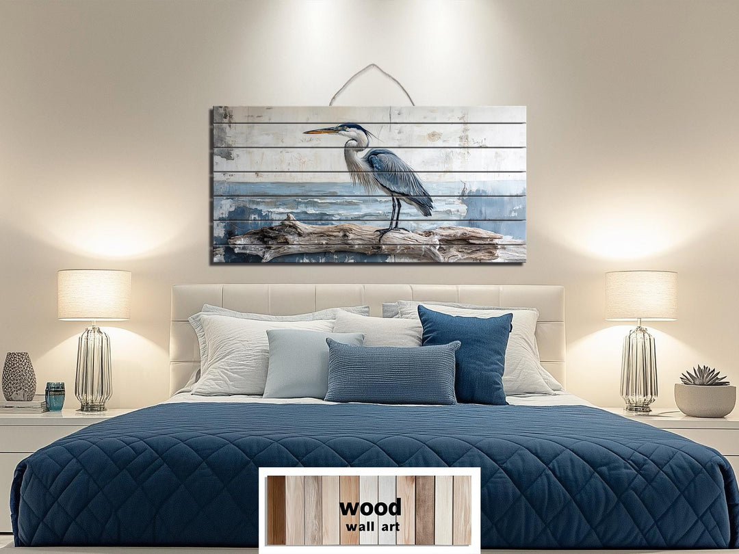 Coastal Heron Wall Art - Driftwood Wall Decor | Rustic Ocean Bird Hanging