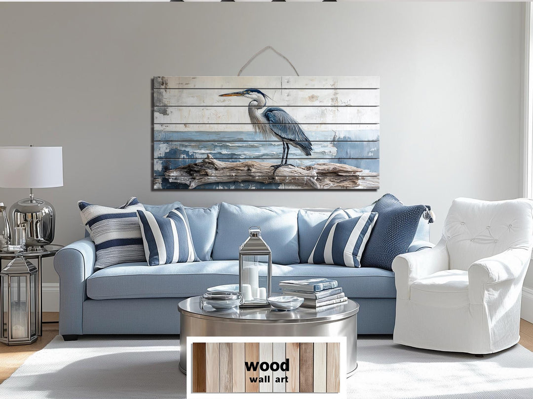 Coastal Heron Wall Art - Driftwood Wall Decor | Rustic Ocean Bird Hanging