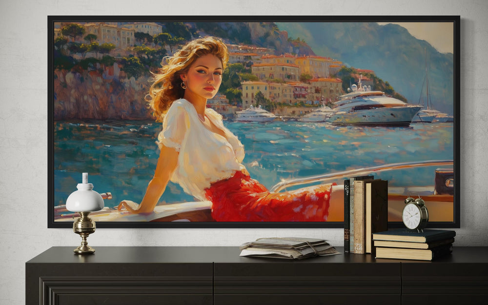 Coastal Monaco Boat And Woman Canvas Wall Art