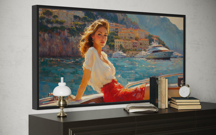 Coastal Monaco Boat And Woman Canvas Wall Art