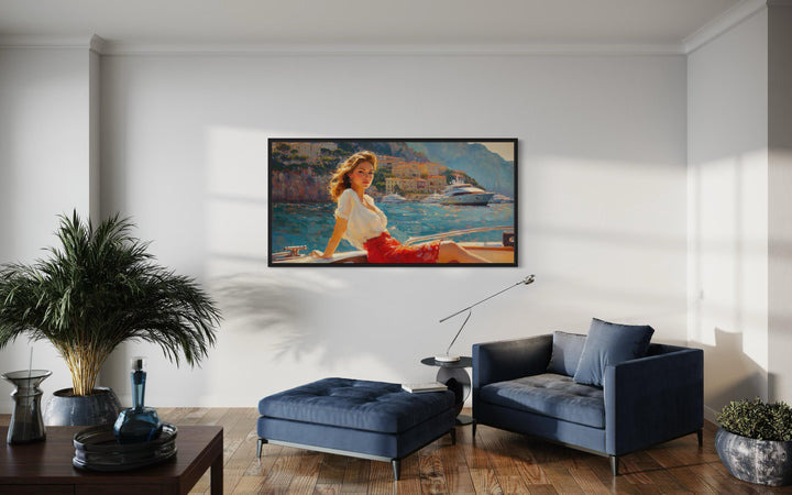 Coastal Monaco Boat And Woman Canvas Wall Art