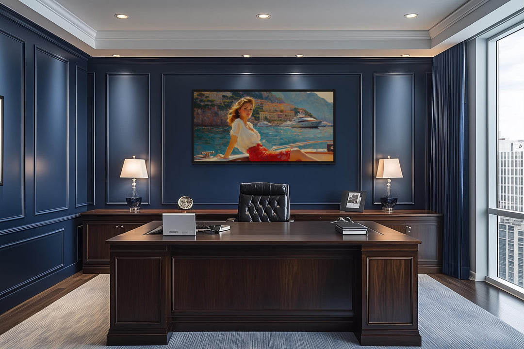 Coastal Monaco Boat And Woman Canvas Wall Art