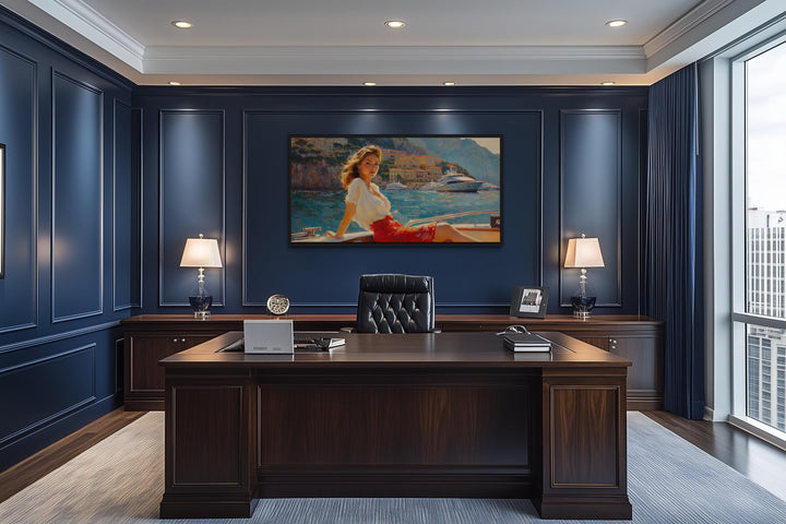 Coastal Monaco Boat And Woman Canvas Wall Art