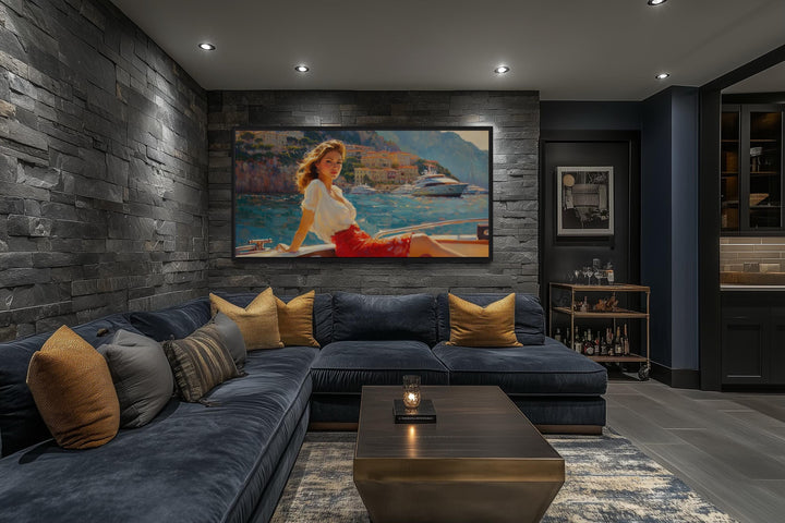Coastal Monaco Boat And Woman Canvas Wall Art