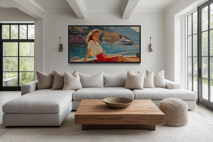 Coastal Monaco Boat And Woman Canvas Wall Art