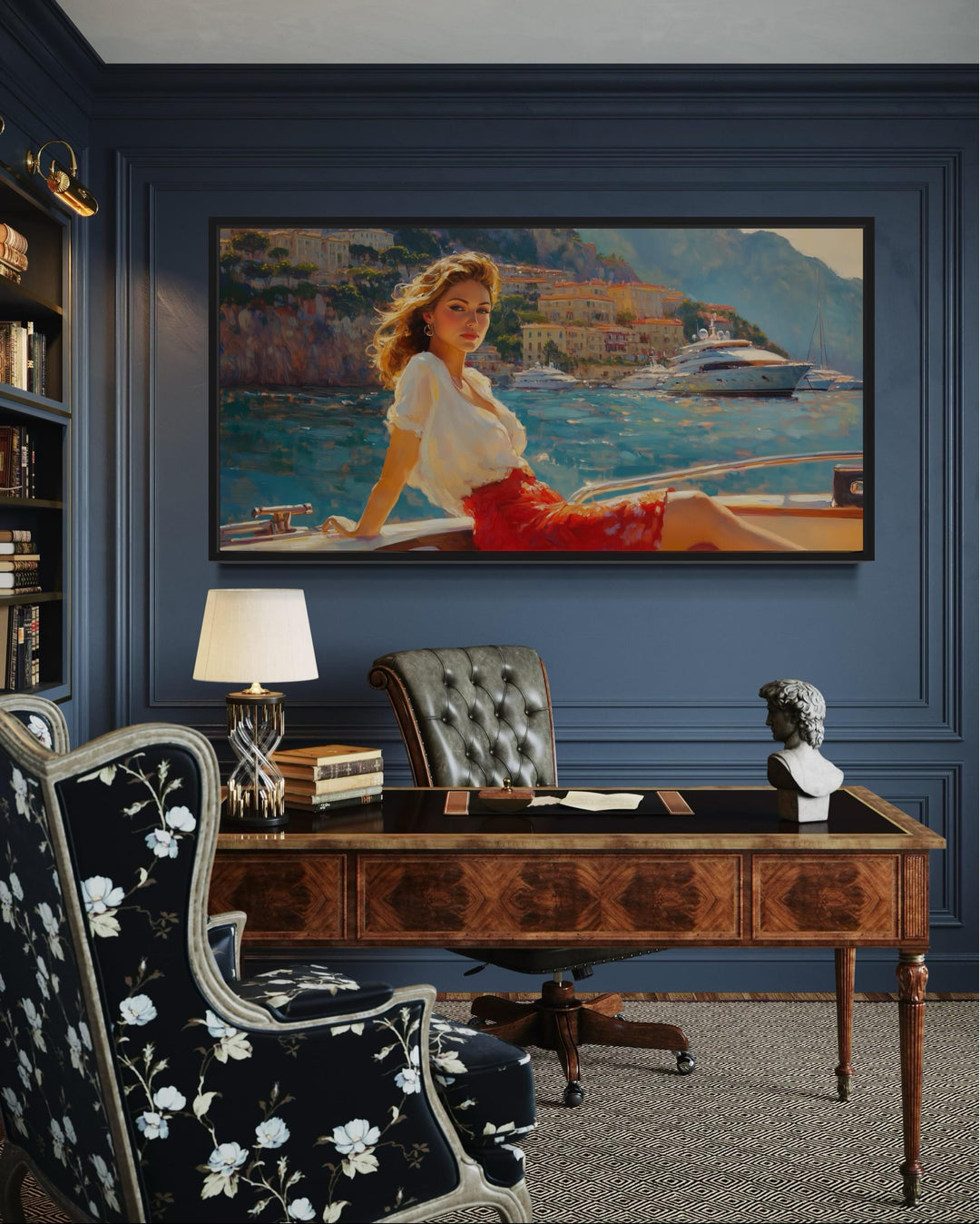 Coastal Monaco Boat And Woman Canvas Wall Art