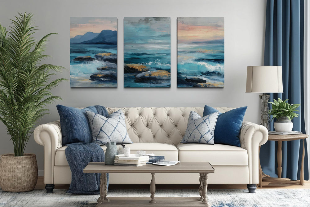 Coastal Ocean Set of 3 Canvas Wall Art – Blue Teal Waves On The Beach