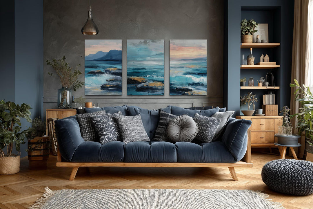 Coastal Ocean Set of 3 Canvas Wall Art – Blue Teal Waves On The Beach