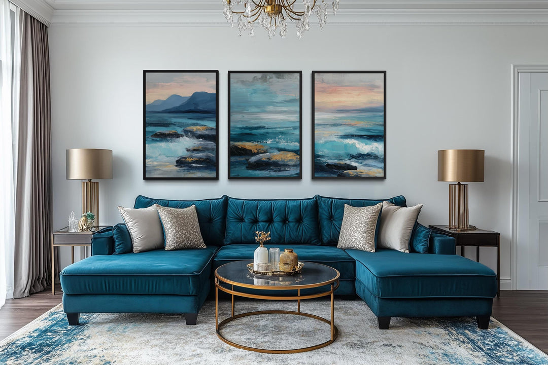 Coastal Ocean Set of 3 Canvas Wall Art – Blue Teal Waves On The Beach