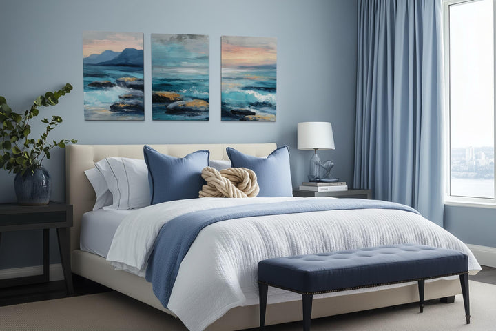 Coastal Ocean Set of 3 Canvas Wall Art – Blue Teal Waves On The Beach