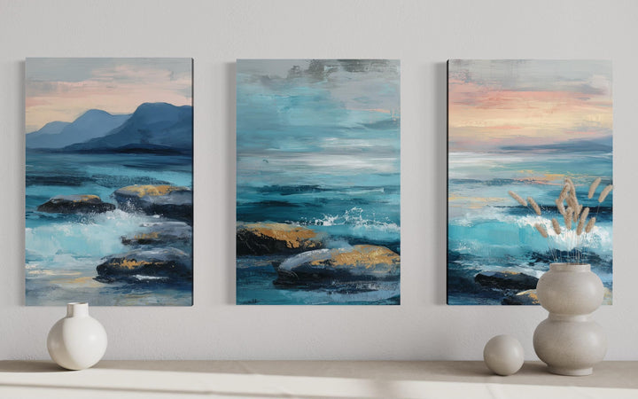Coastal Ocean Set of 3 Canvas Wall Art – Blue Teal Waves On The Beach